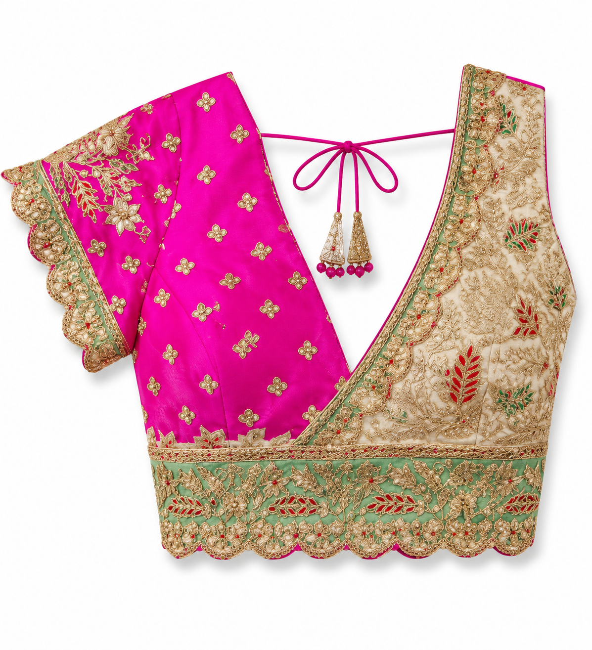 Designer Embroidered Silk Saree Blouse | Heavy Zari Work Party Wear Readymade Blouse for Women (Pink & Mint Green)